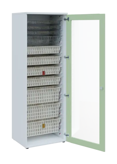 EUROMEDICA S - 66 skříň léková boxová, 1-dveřová/prosklená, pravá, 1950x660x535, korpus bílý, dvířka šedo-zelinkavá